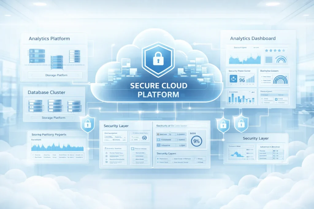 Bright cloud architecture showing secure data and analytics platforms